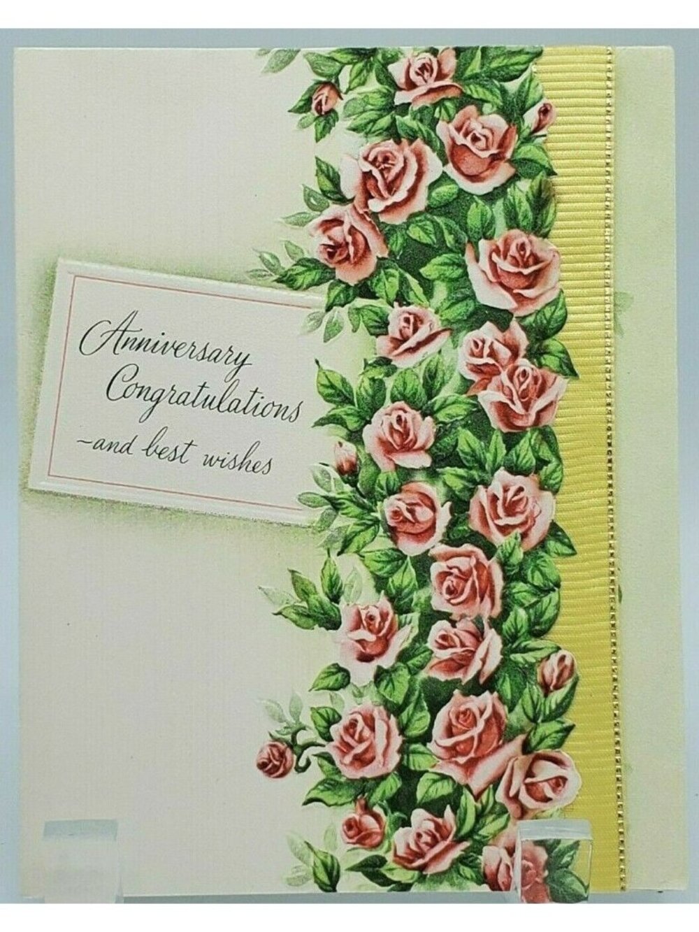 Stationary Greeting card Anniversary Roses Yellow Ribbon Embossed Fairfield VTG